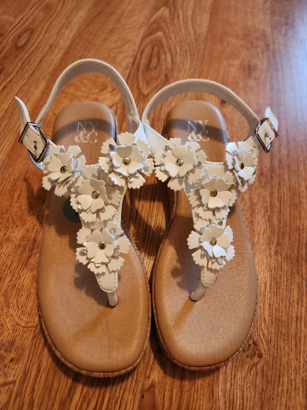 White Floral T-Strap Sandals, Cork Platform Wedge